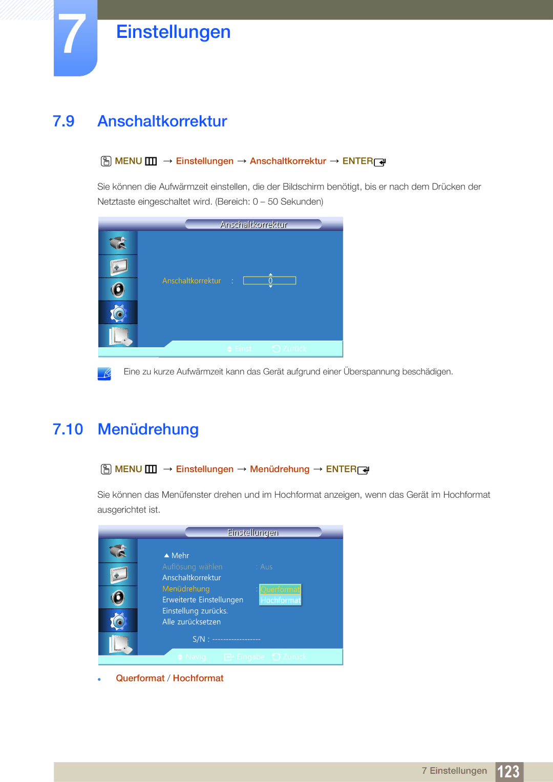 Samsung LH22UDBPLBB/EN manual 10 Menüdrehung, Menu m Einstellungen Anschaltkorrektur Enter,  Querformat / Hochformat 