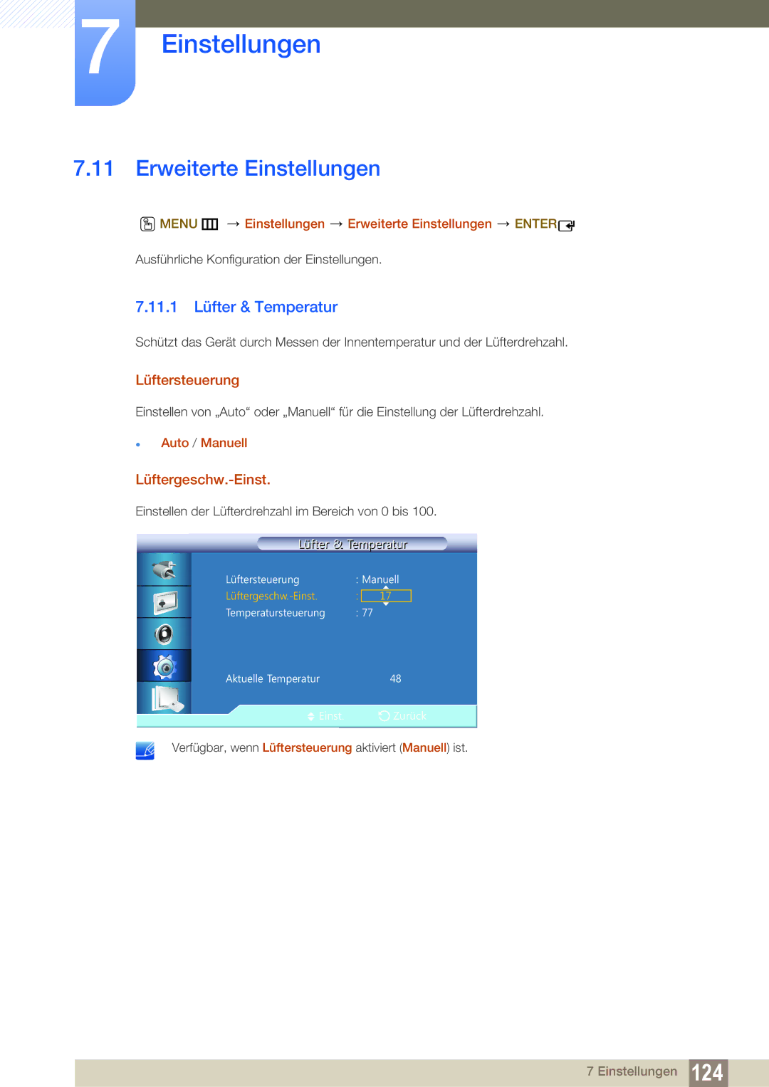 Samsung LH22UDBPLBB/EN manual Erweiterte Einstellungen, 11.1 Lüfter & Temperatur, Lüftersteuerung, Lüftergeschw.-Einst 