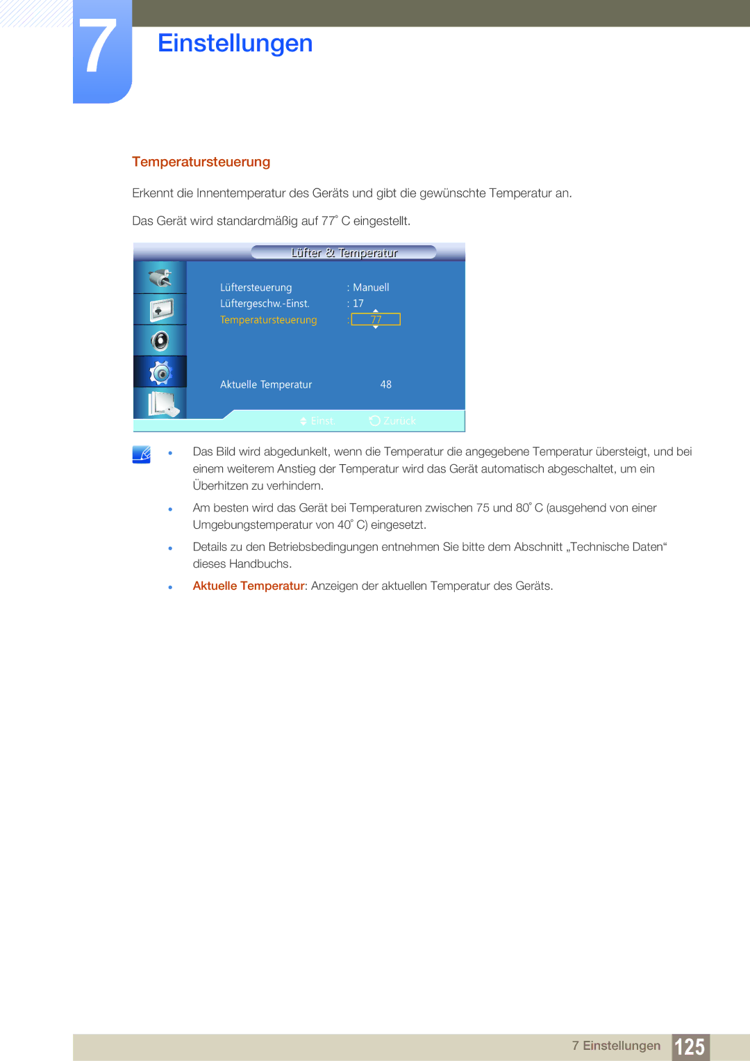 Samsung LH22UDBPLBB/EN manual Temperatursteuerung 