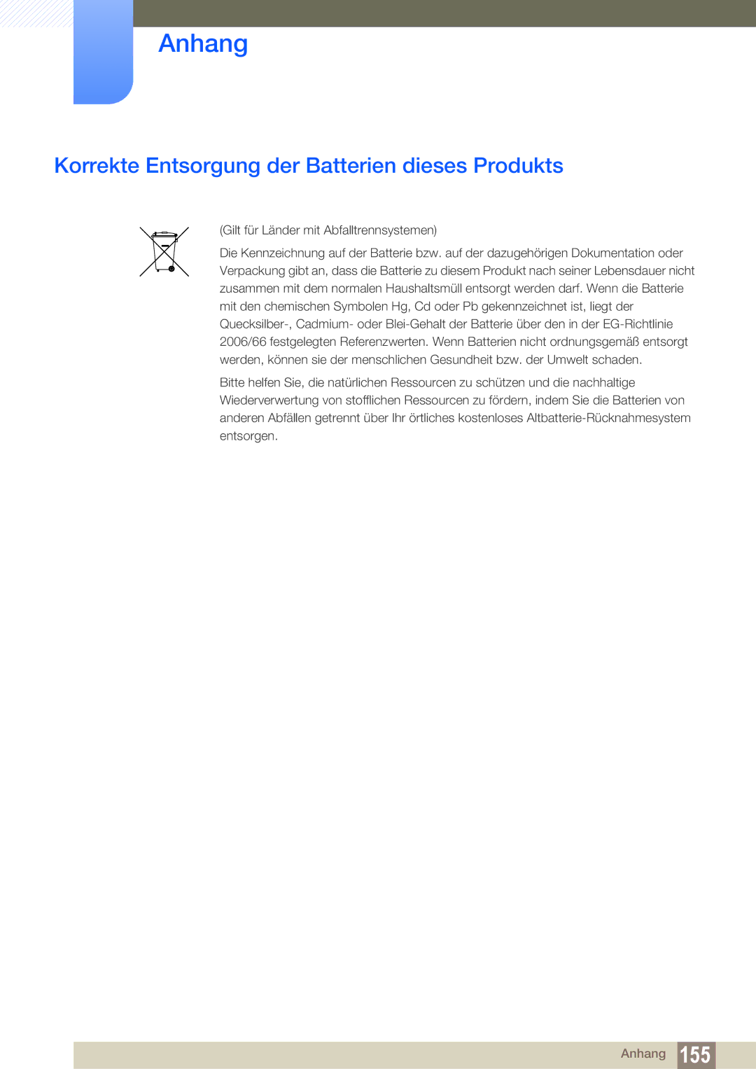 Samsung LH22UDBPLBB/EN manual Korrekte Entsorgung der Batterien dieses Produkts 