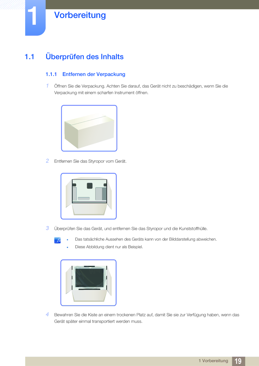 Samsung LH22UDBPLBB/EN manual Überprüfen des Inhalts, Entfernen der Verpackung 