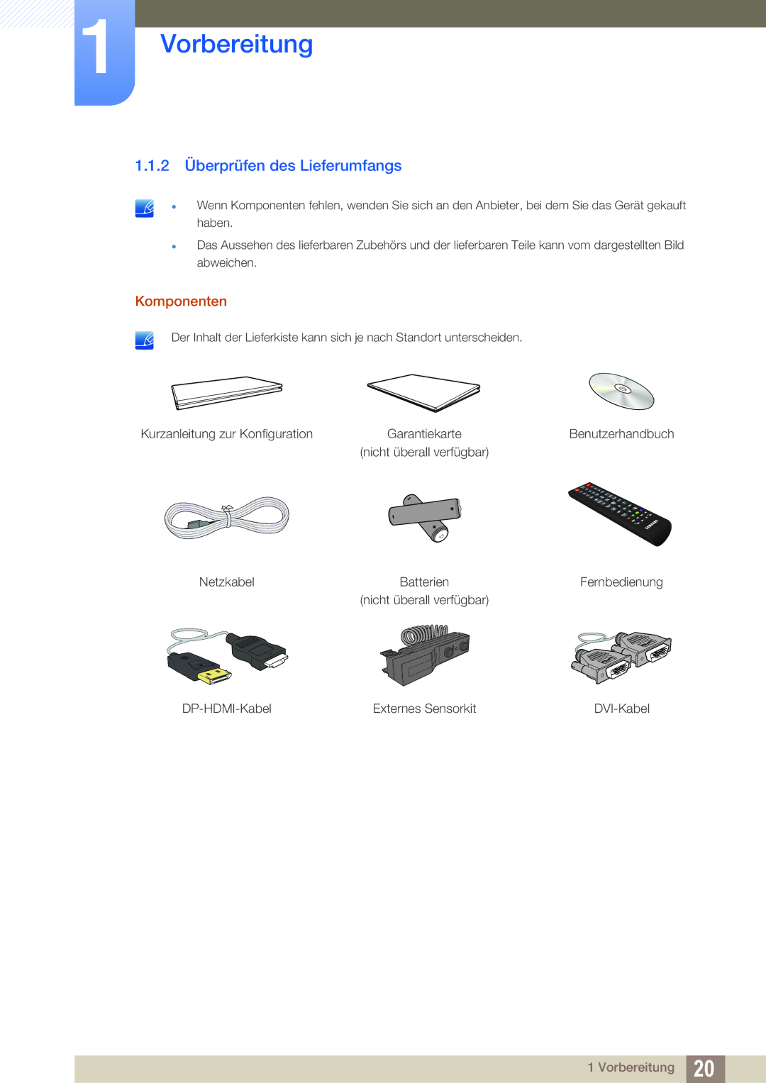 Samsung LH22UDBPLBB/EN manual 2 Überprüfen des Lieferumfangs, Komponenten 