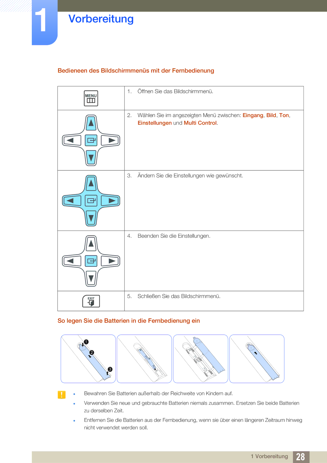 Samsung LH22UDBPLBB/EN manual Bedieneen des Bildschirmmenüs mit der Fernbedienung, Einstellungen und Multi Control 