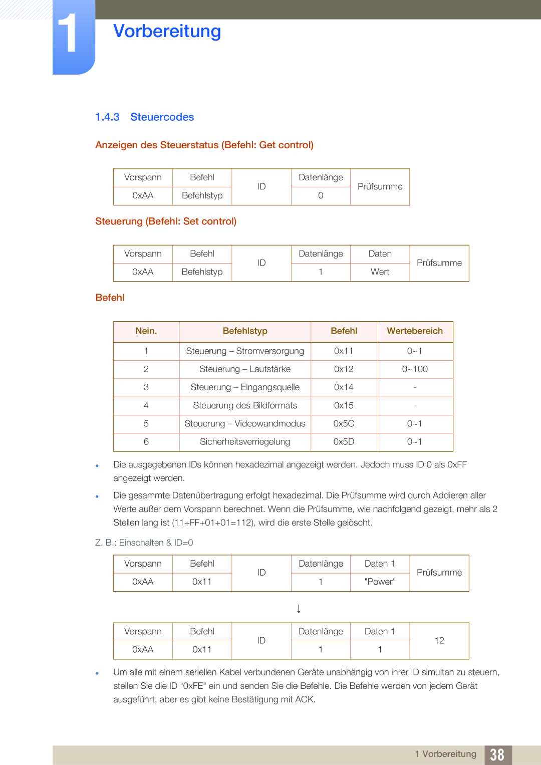 Samsung LH22UDBPLBB/EN manual Steuercodes, Anzeigen des Steuerstatus Befehl Get control, Steuerung Befehl Set control 