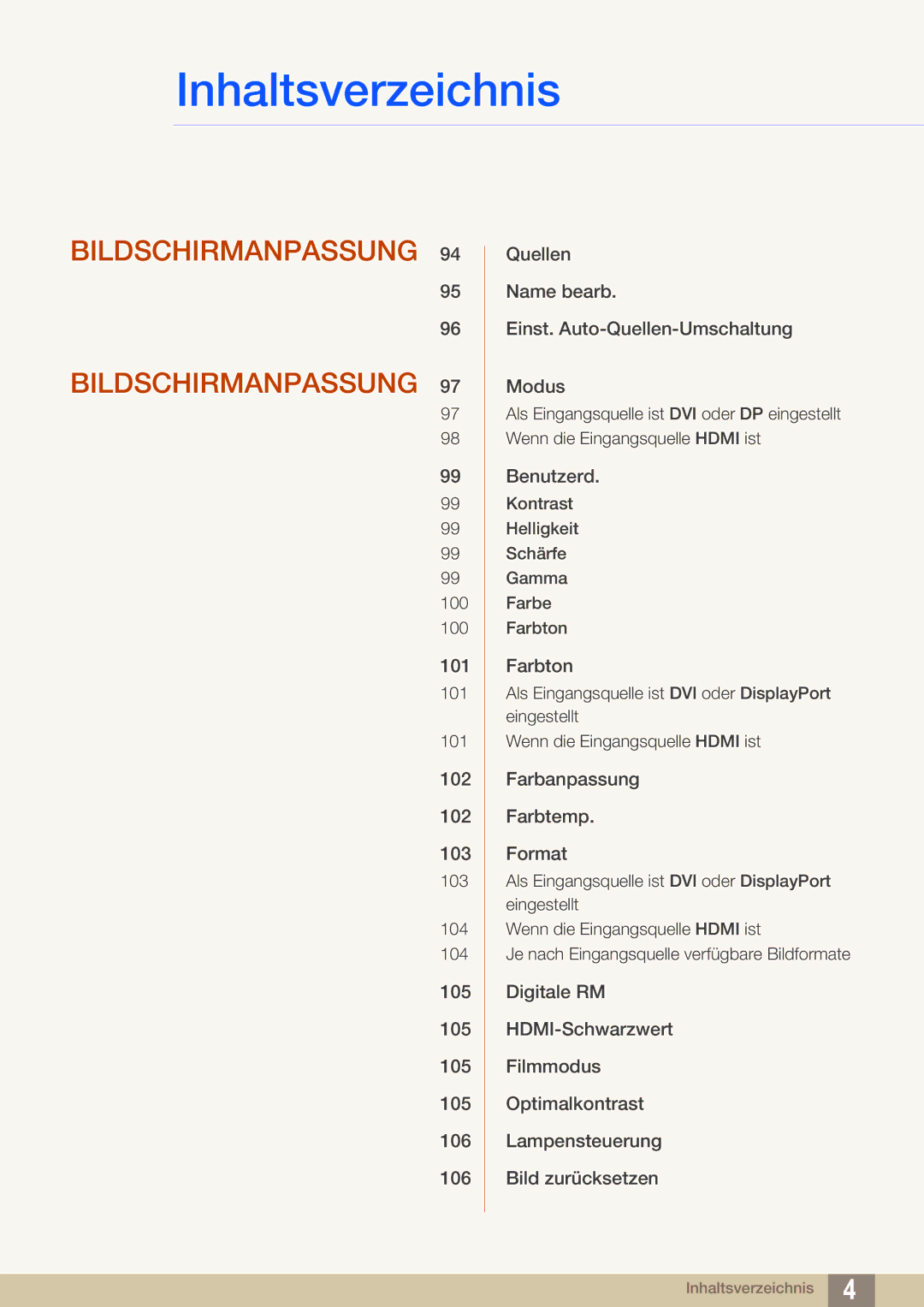 Samsung LH22UDBPLBB/EN manual Bildschirmanpassung 