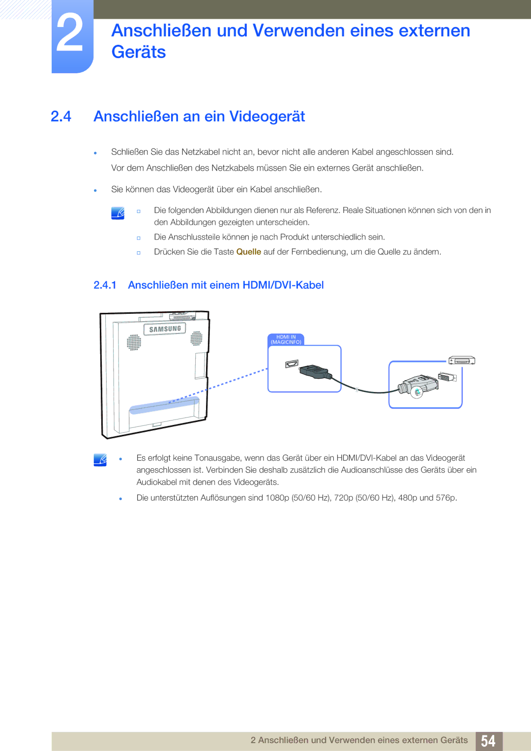 Samsung LH22UDBPLBB/EN manual Anschließen an ein Videogerät, Anschließen mit einem HDMI/DVI-Kabel 