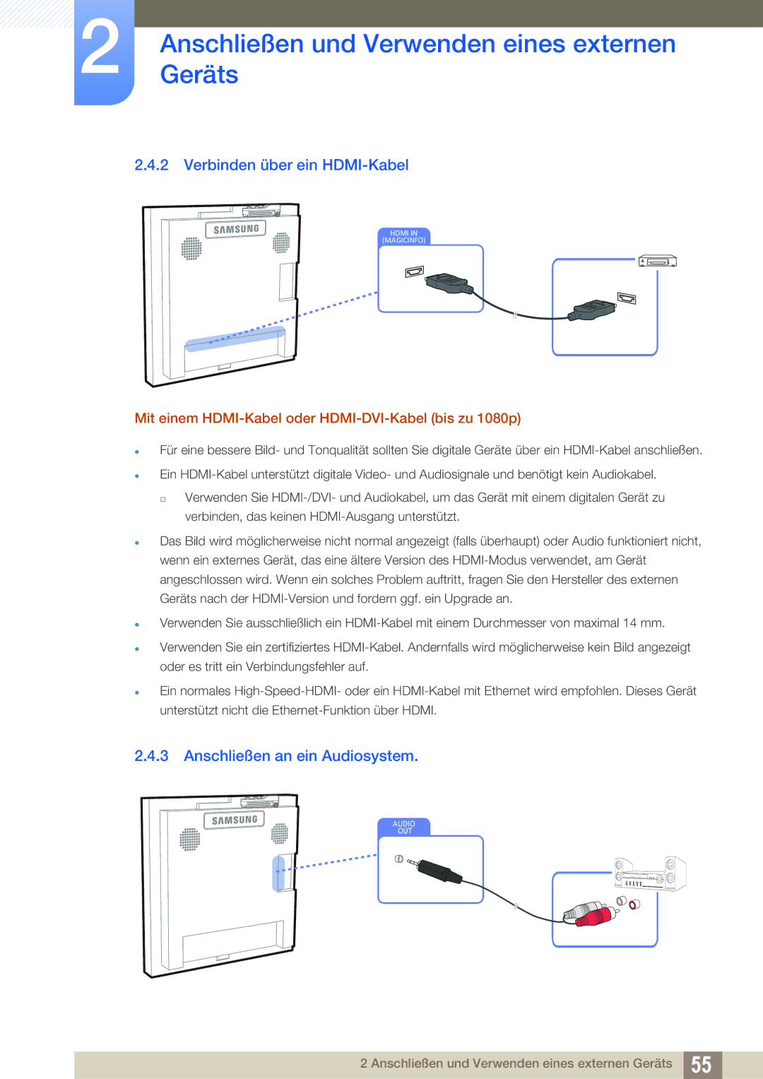 Samsung LH22UDBPLBB/EN manual Verbinden über ein HDMI-Kabel, Anschließen an ein Audiosystem 