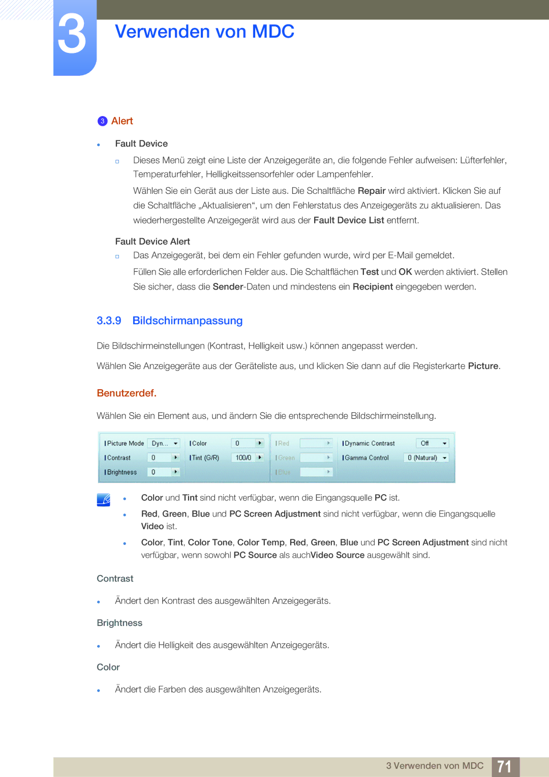 Samsung LH22UDBPLBB/EN manual Bildschirmanpassung, Alert, Benutzerdef 