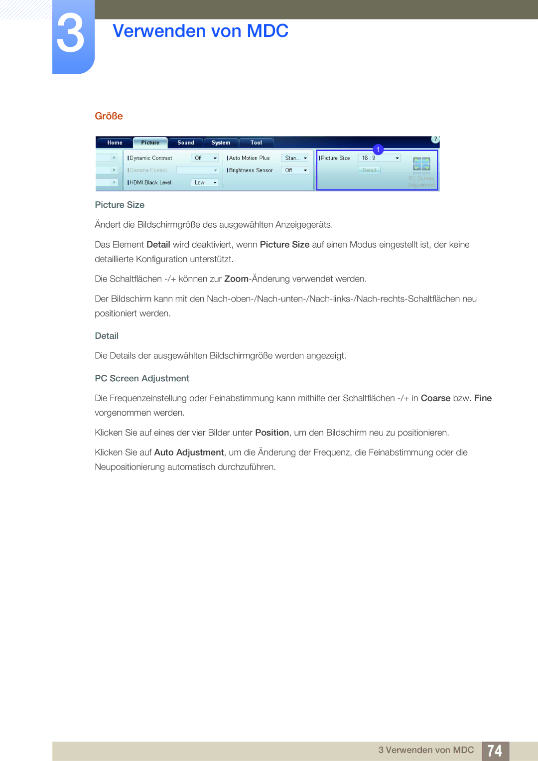 Samsung LH22UDBPLBB/EN manual Größe, Picture Size, Detail, PC Screen Adjustment 