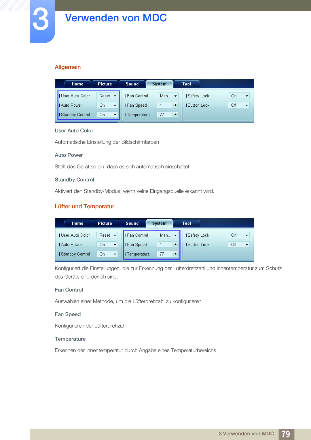 Samsung LH22UDBPLBB/EN manual Allgemein, Lüfter und Temperatur 