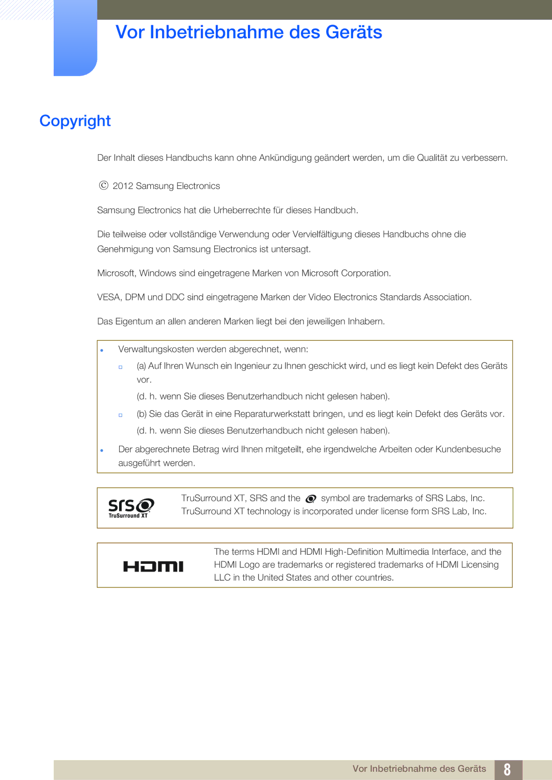 Samsung LH22UDBPLBB/EN manual Vor Inbetriebnahme des Geräts, Copyright 