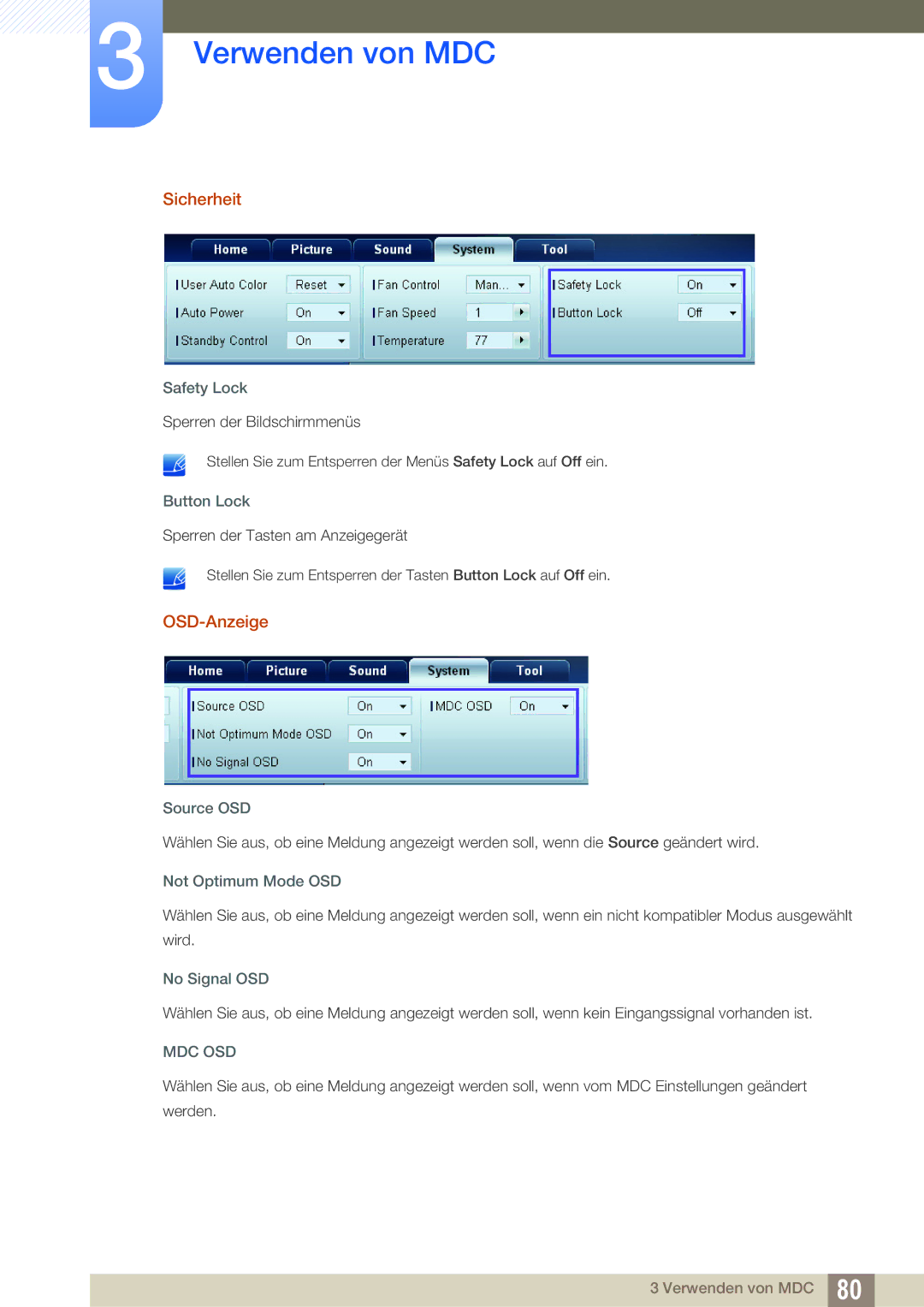 Samsung LH22UDBPLBB/EN manual Sicherheit, OSD-Anzeige 