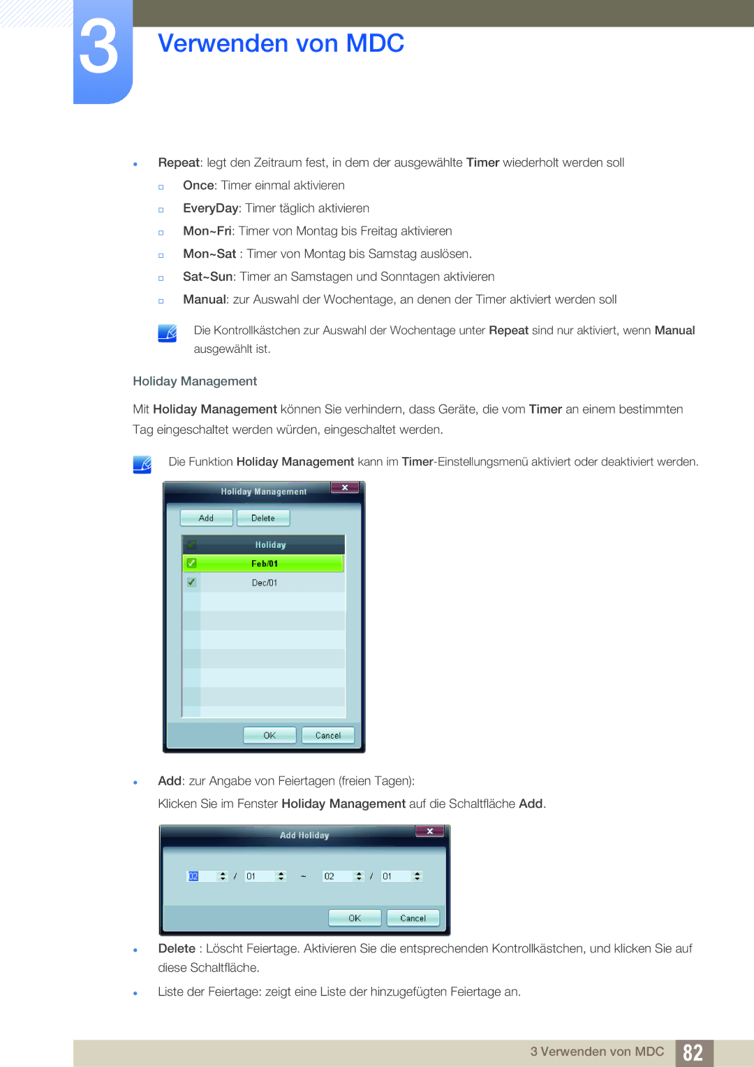 Samsung LH22UDBPLBB/EN manual Holiday Management 