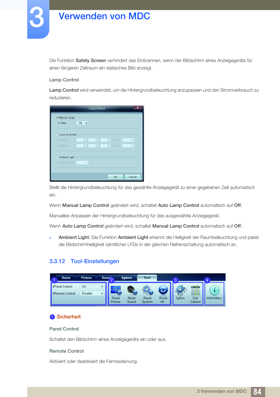 Samsung LH22UDBPLBB/EN manual Tool-Einstellungen, Lamp Control, Panel Control, Remote Control 