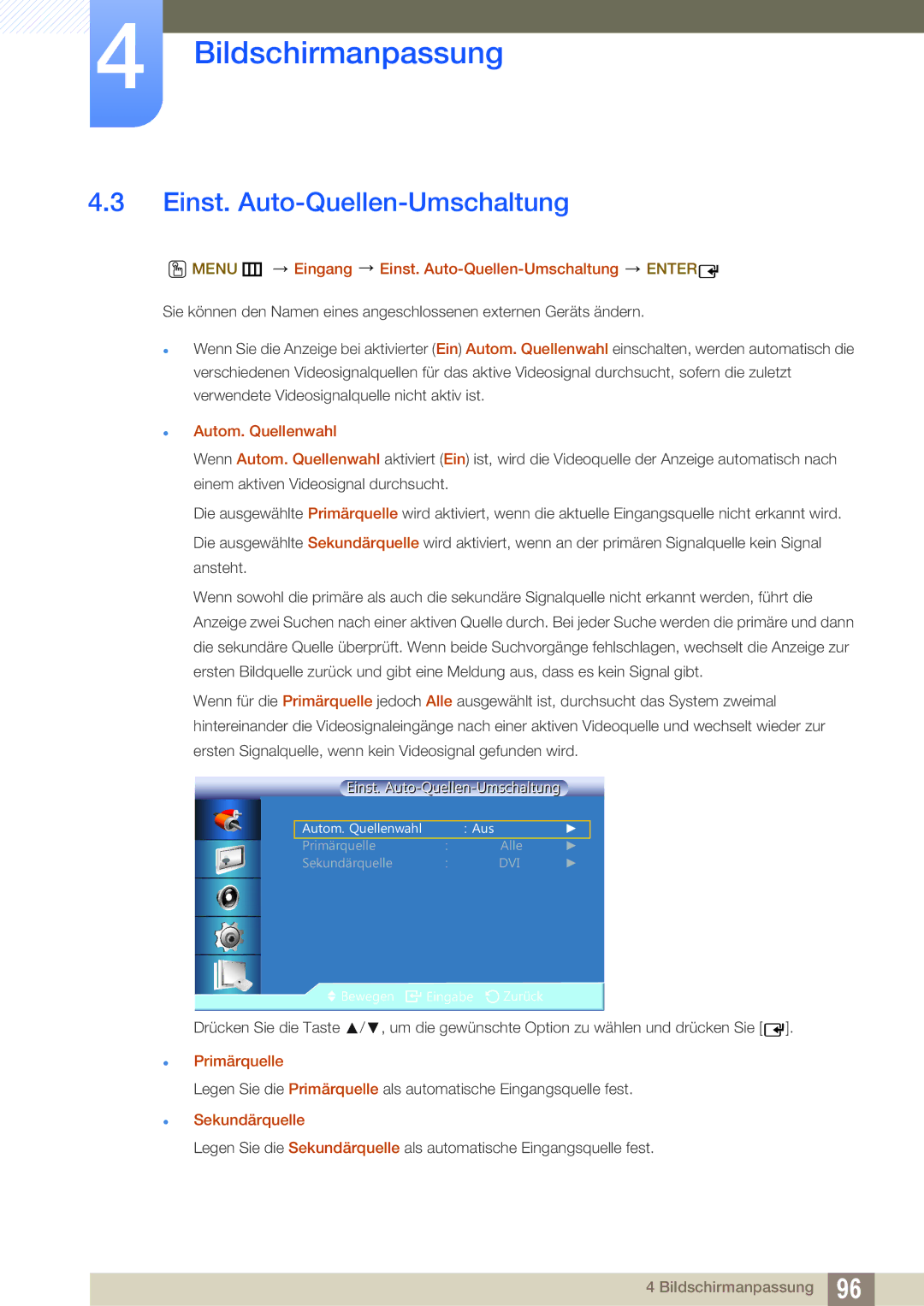 Samsung LH22UDBPLBB/EN Menu m Eingang Einst. Auto-Quellen-Umschaltung Enter,  Autom. Quellenwahl, Sekundärquelle 