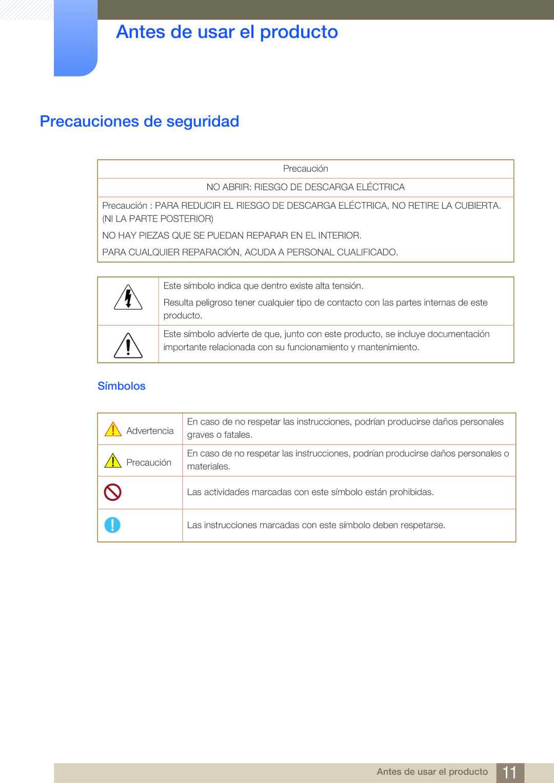 Samsung LH22UDBPLBB/EN manual Precauciones de seguridad, Símbolos 