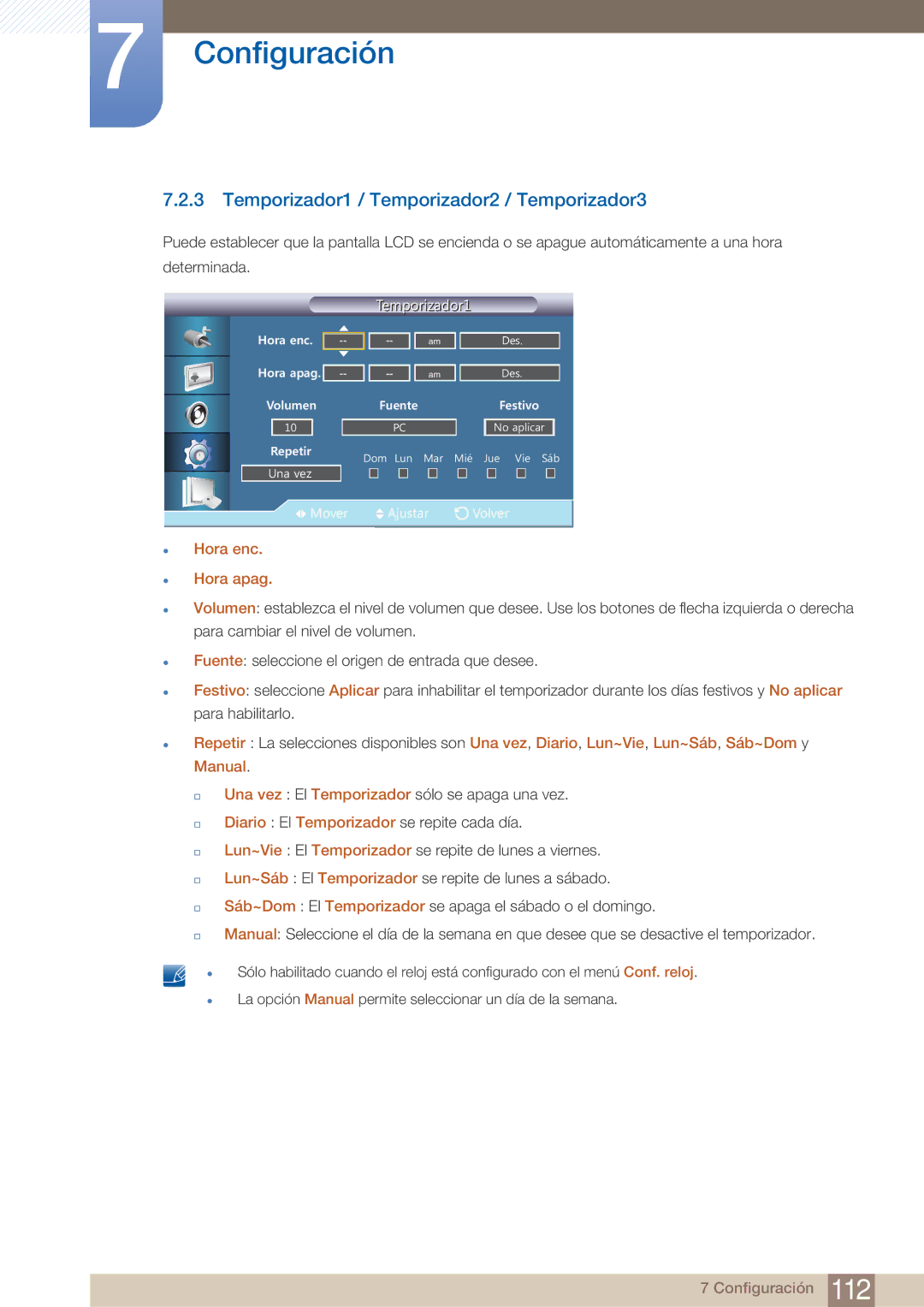 Samsung LH22UDBPLBB/EN manual Temporizador1 / Temporizador2 / Temporizador3,  Hora enc  Hora apag 