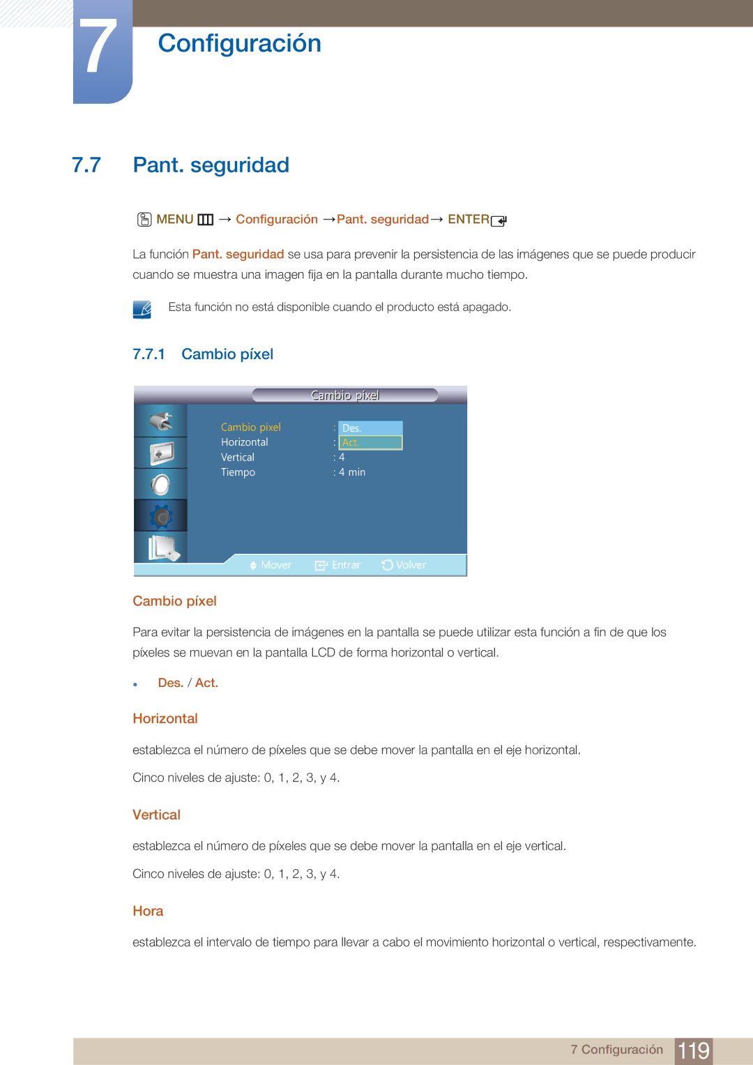 Samsung LH22UDBPLBB/EN manual Pant. seguridad, Cambio píxel, Horizontal, Vertical 