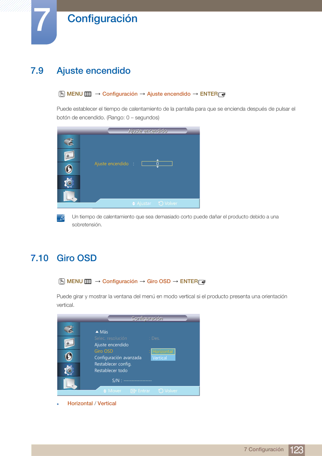 Samsung LH22UDBPLBB/EN manual Menu m Configuración Ajuste encendido Enter, Menu m Configuración Giro OSD Enter 