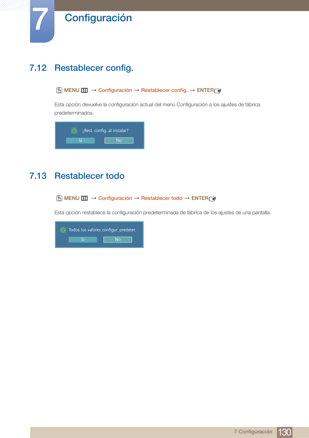 Samsung LH22UDBPLBB/EN manual Restablecer todo, Menu m Configuración Restablecer config. Enter 