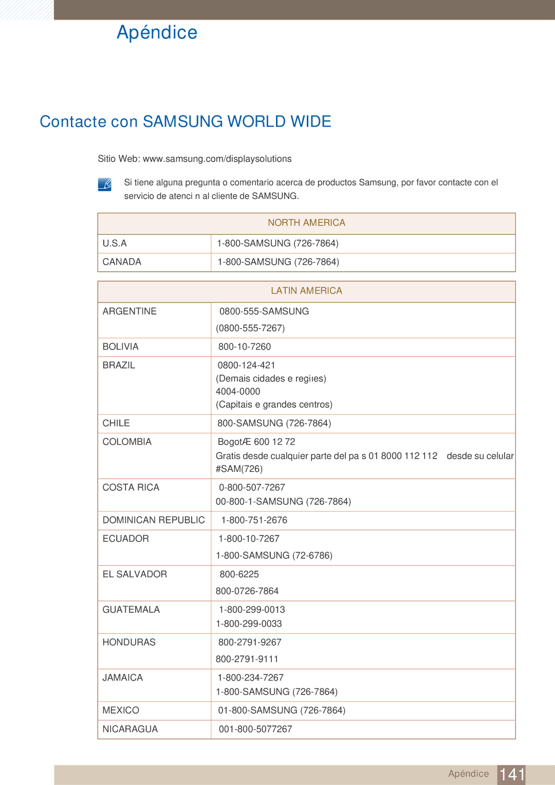 Samsung LH22UDBPLBB/EN manual Apéndice, Contacte con Samsung World Wide 