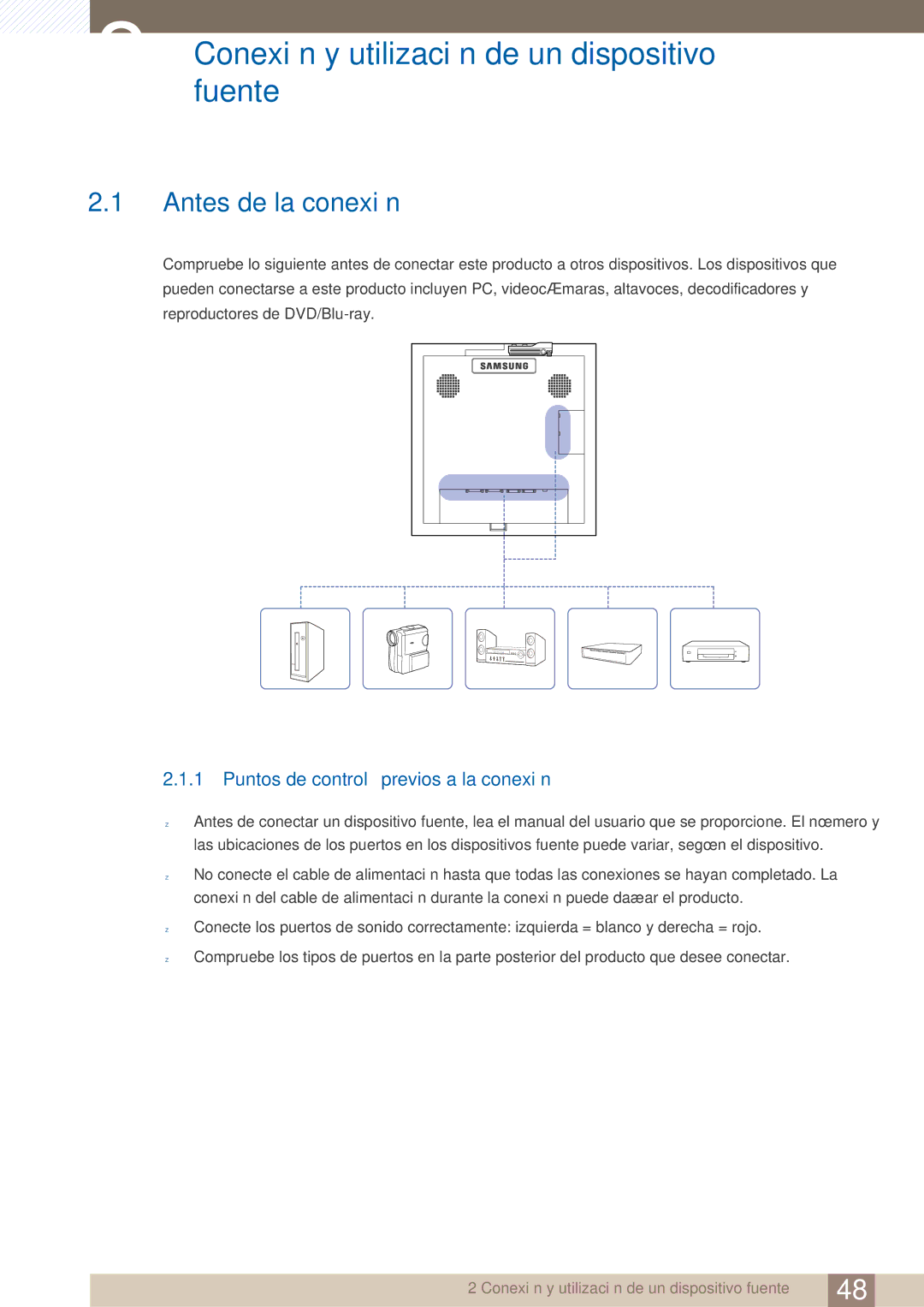 Samsung LH22UDBPLBB/EN manual Antes de la conexión, Puntos de control previos a la conexión 