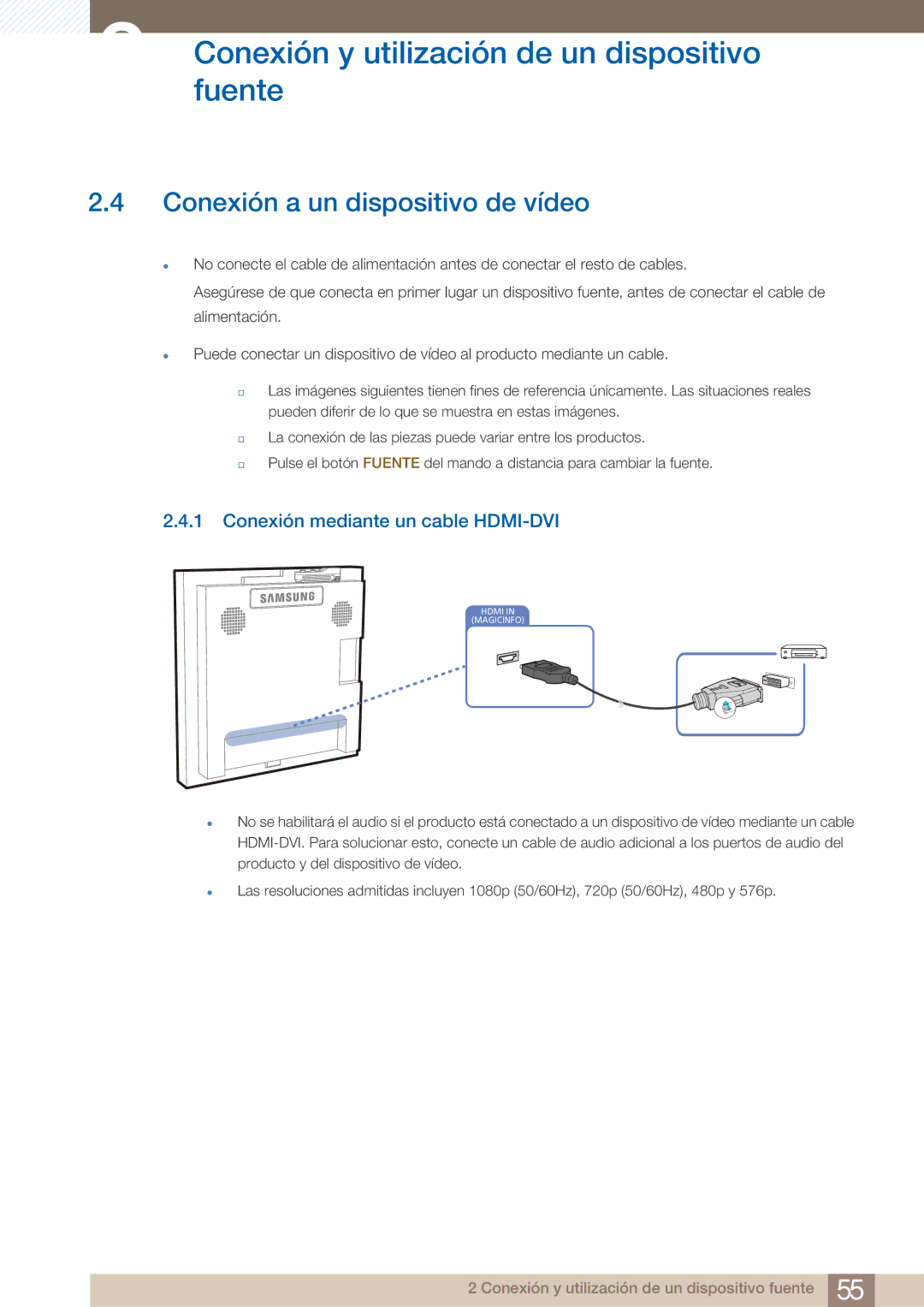 Samsung LH22UDBPLBB/EN manual Conexión a un dispositivo de vídeo, Conexión mediante un cable HDMI-DVI 