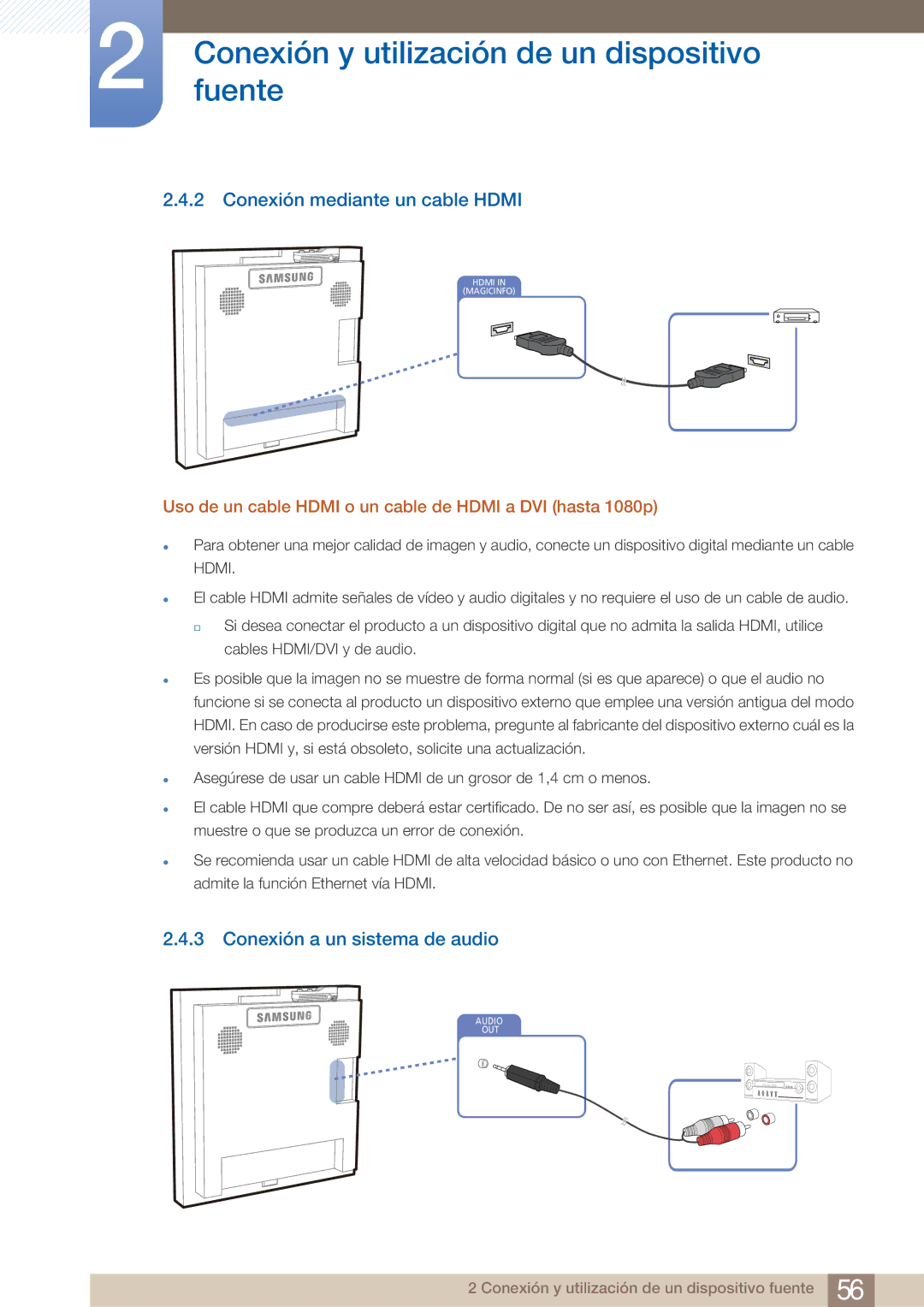 Samsung LH22UDBPLBB/EN manual Conexión mediante un cable Hdmi, Conexión a un sistema de audio 