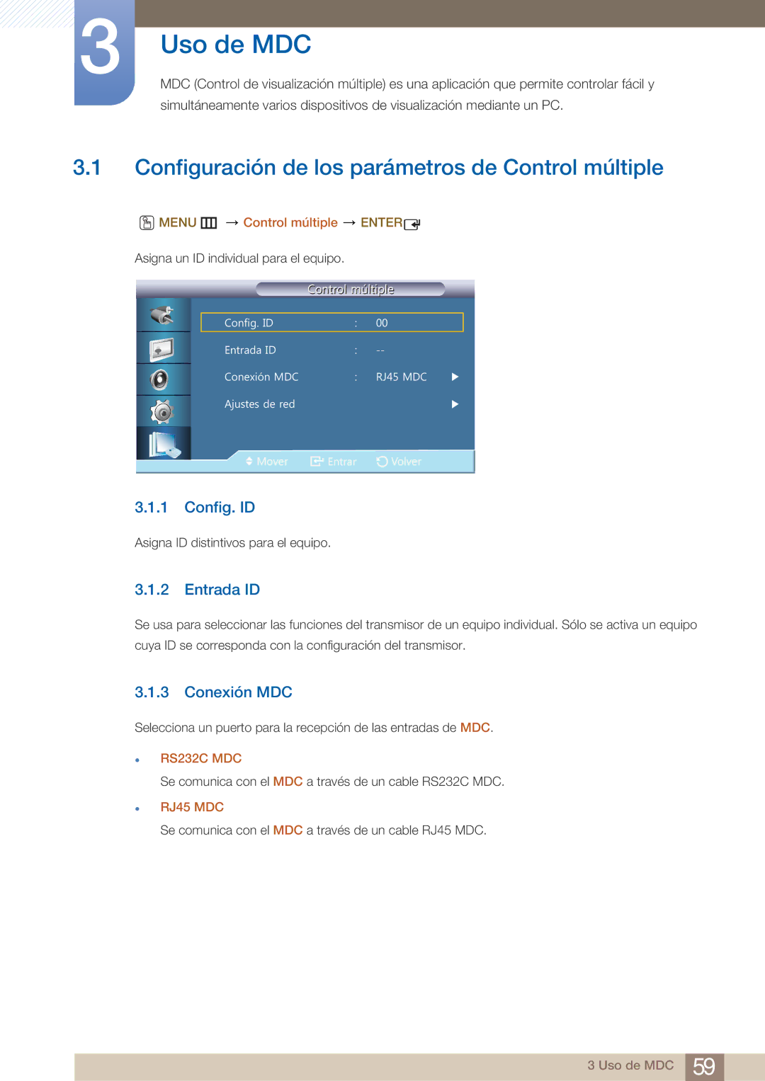 Samsung LH22UDBPLBB/EN manual Configuración de los parámetros de Control múltiple, Config. ID, Entrada ID, Conexión MDC 