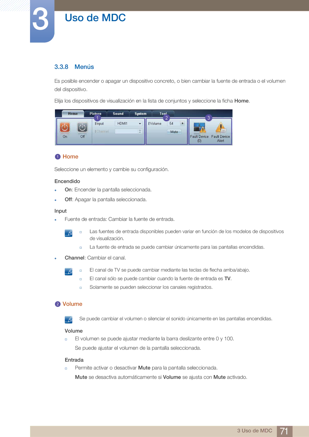 Samsung LH22UDBPLBB/EN manual 8 Menús, Home, Volume 