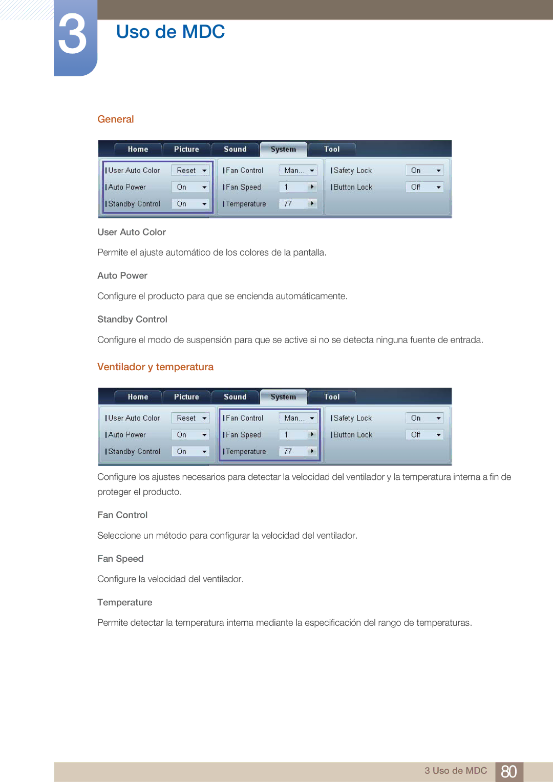 Samsung LH22UDBPLBB/EN manual General, Ventilador y temperatura 