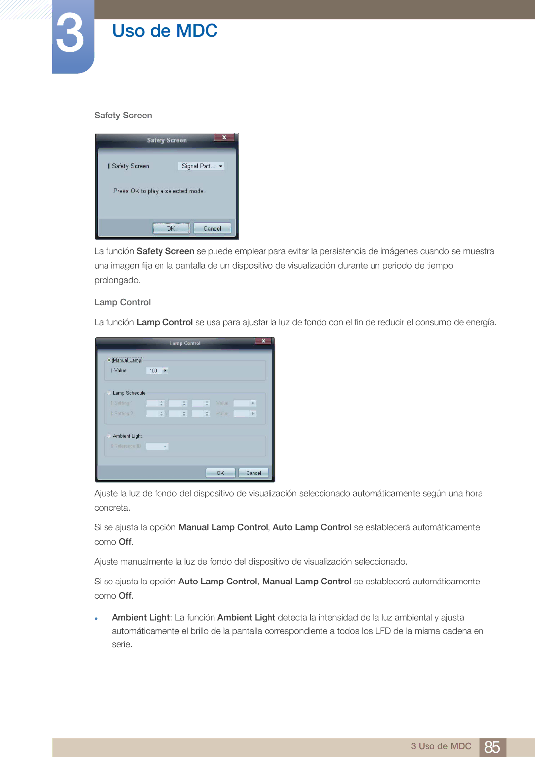 Samsung LH22UDBPLBB/EN manual Safety Screen, Lamp Control 