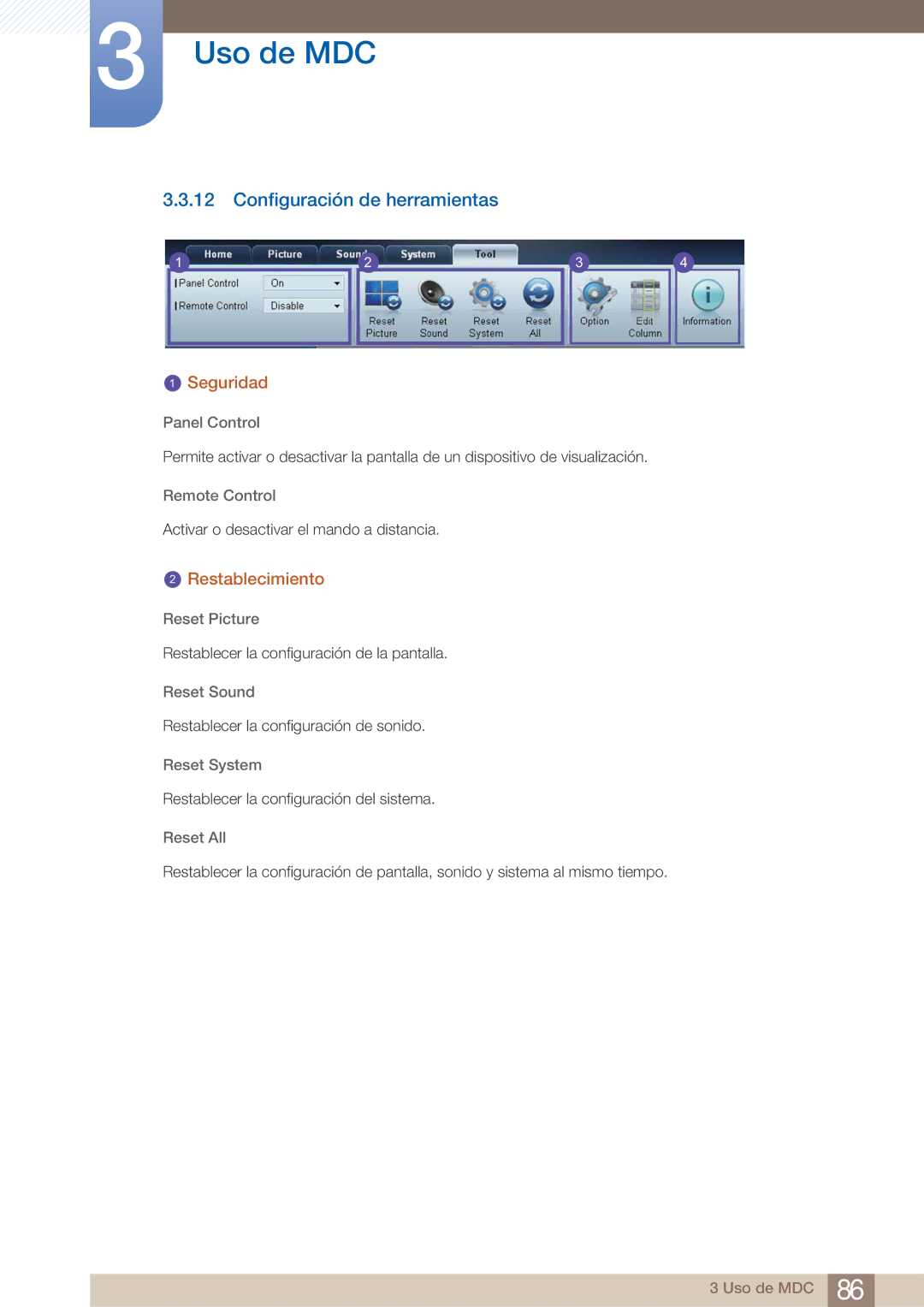 Samsung LH22UDBPLBB/EN manual Configuración de herramientas, Restablecimiento 