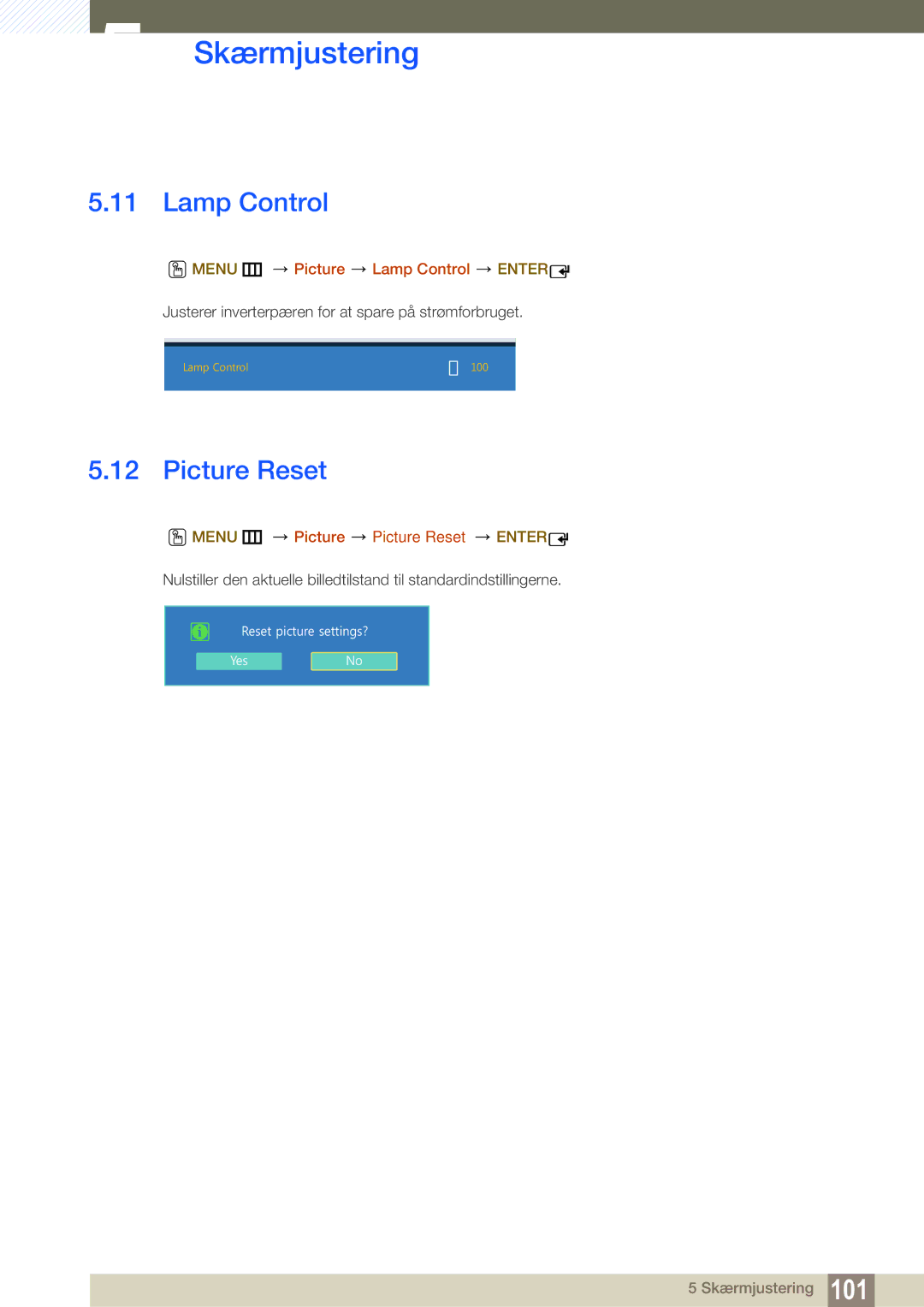 Samsung LH22UDBPLBB/EN manual Menu m Picture Lamp Control Enter, Menu m Picture Picture Reset Enter 