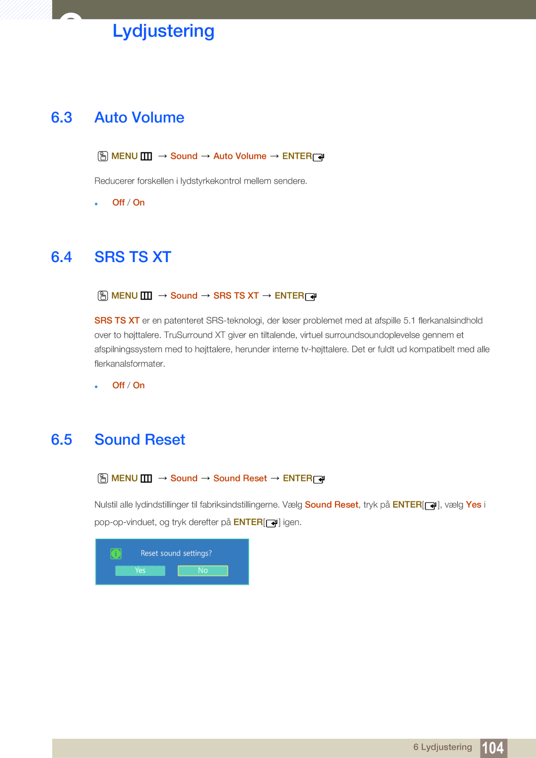 Samsung LH22UDBPLBB/EN manual Sound Reset, Menu m Sound Auto Volume Enter, Menu m Sound SRS TS XT Enter 