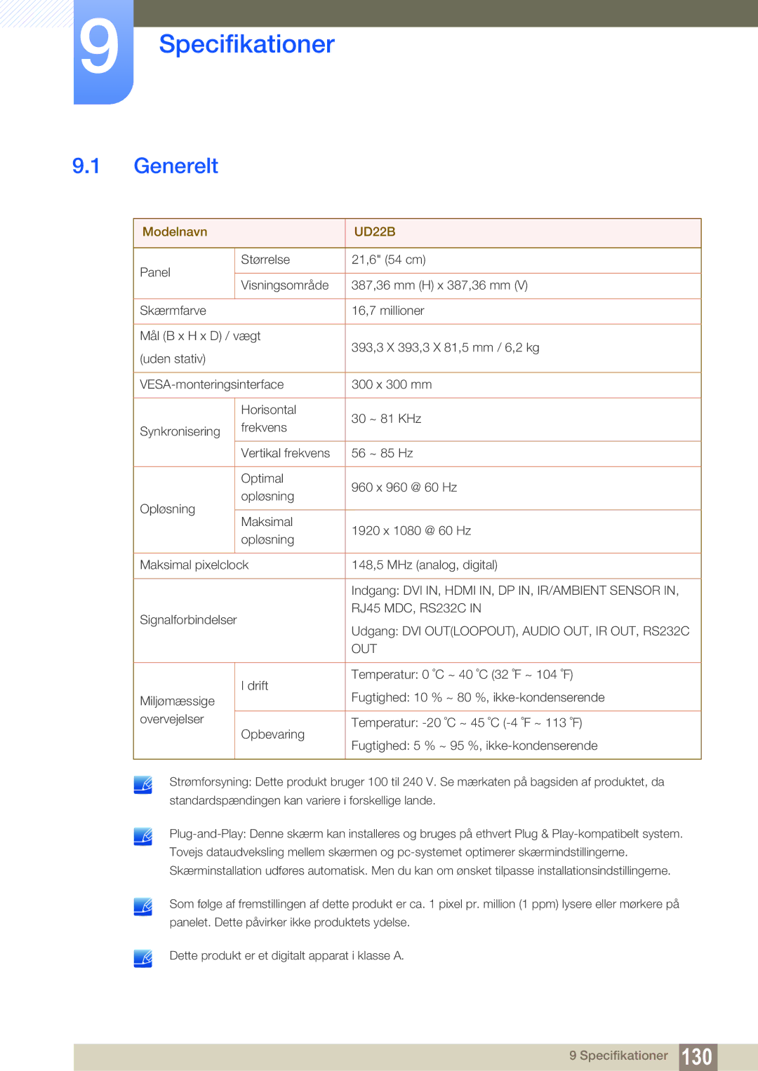 Samsung LH22UDBPLBB/EN manual Specifikationer, Generelt 