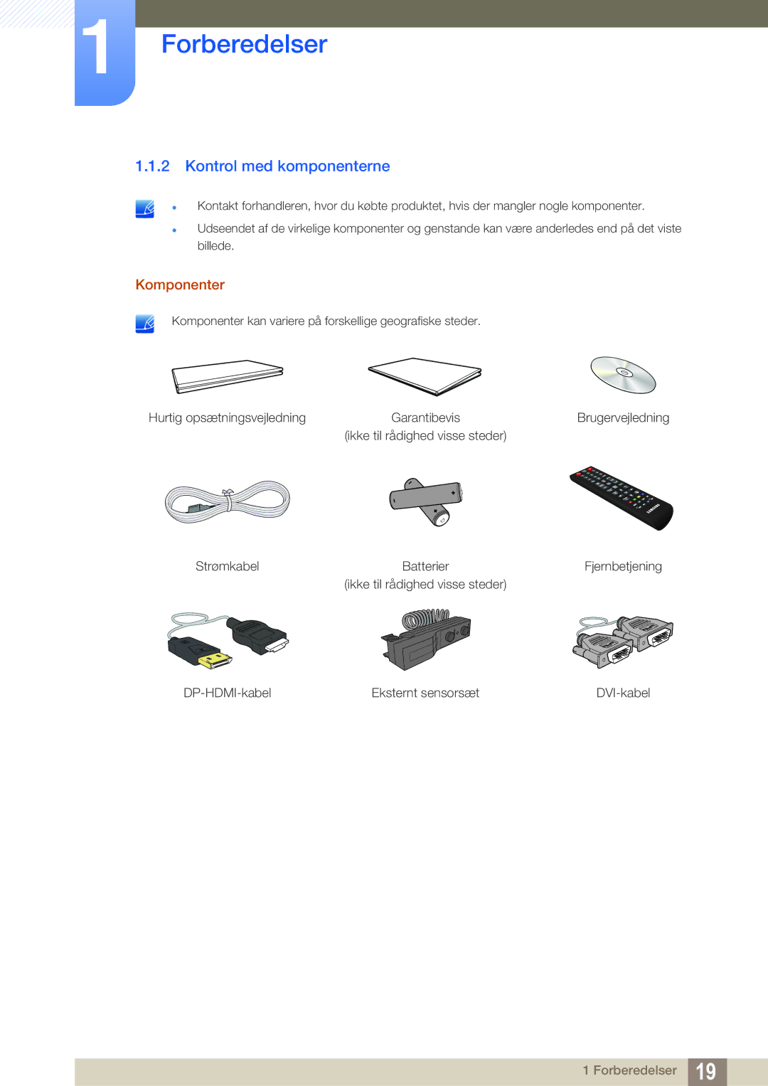 Samsung LH22UDBPLBB/EN manual Kontrol med komponenterne, Komponenter 