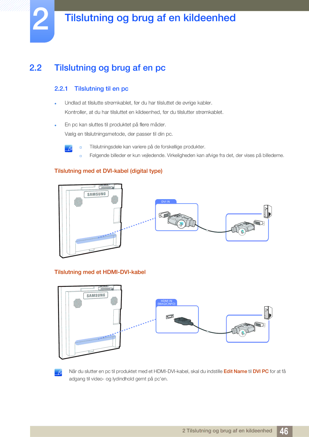 Samsung LH22UDBPLBB/EN Tilslutning og brug af en pc, Tilslutning til en pc, Tilslutning med et DVI-kabel digital type 