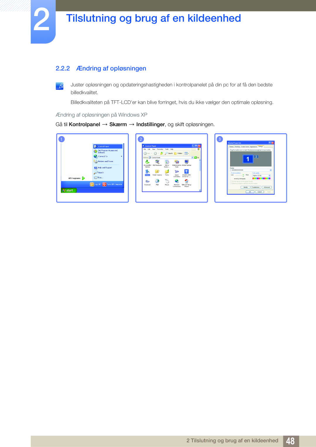 Samsung LH22UDBPLBB/EN manual 2 Ændring af opløsningen, Ændring af opløsningen på Windows XP 