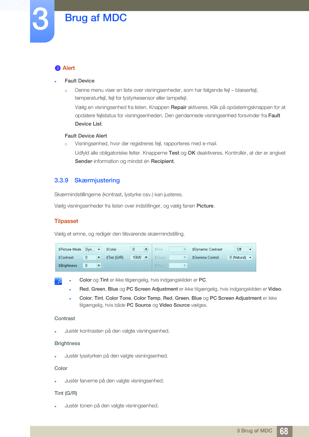 Samsung LH22UDBPLBB/EN manual 9 Skærmjustering, Alert, Tilpasset 