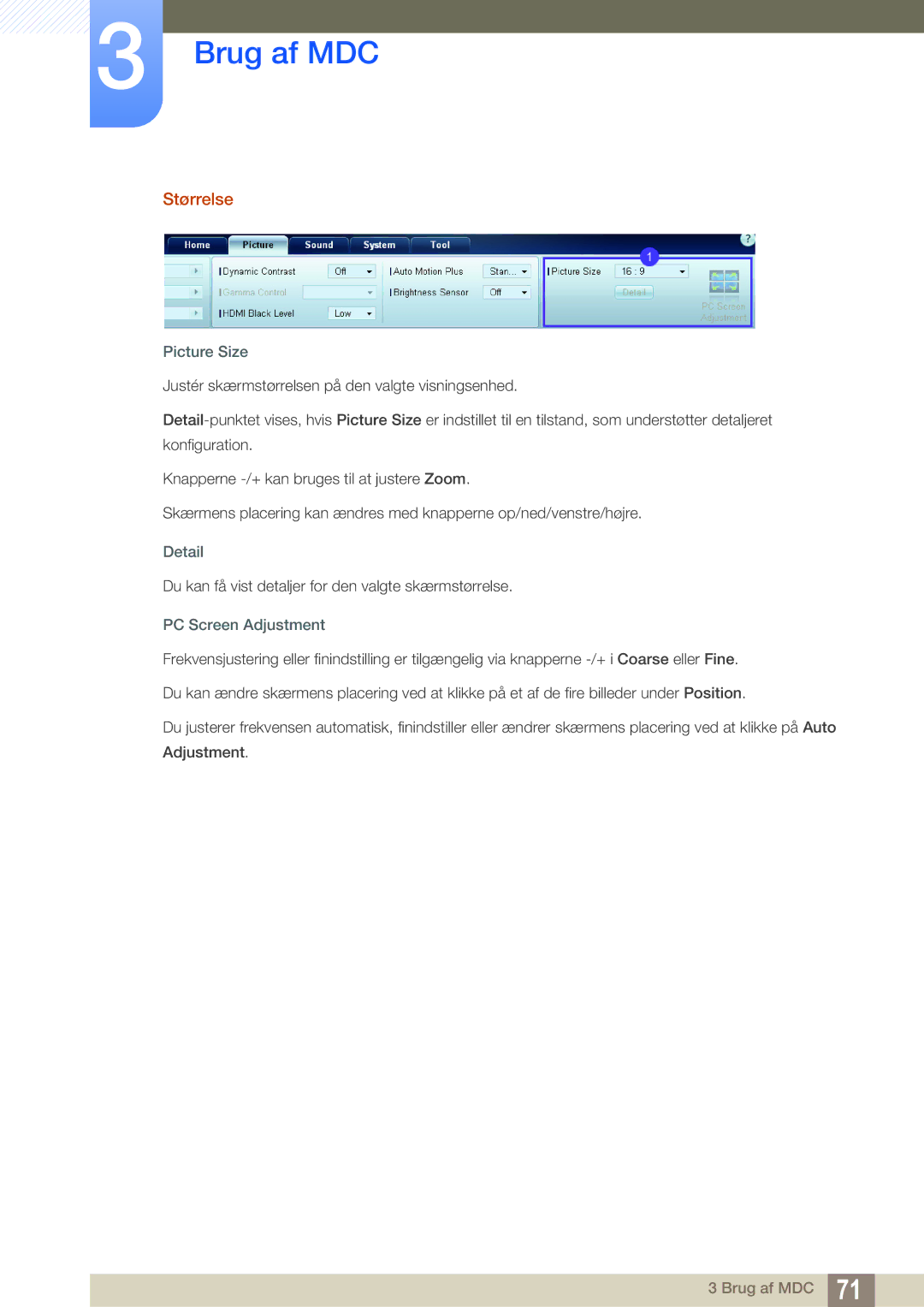 Samsung LH22UDBPLBB/EN manual Størrelse, Picture Size, Detail, PC Screen Adjustment 