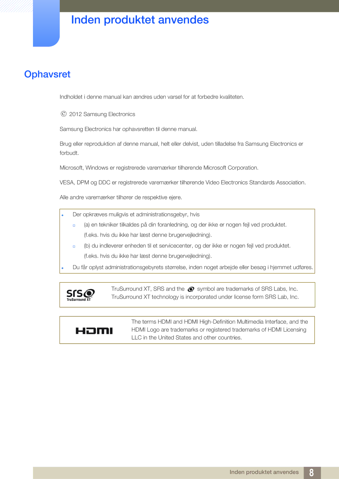 Samsung LH22UDBPLBB/EN manual Inden produktet anvendes, Ophavsret 