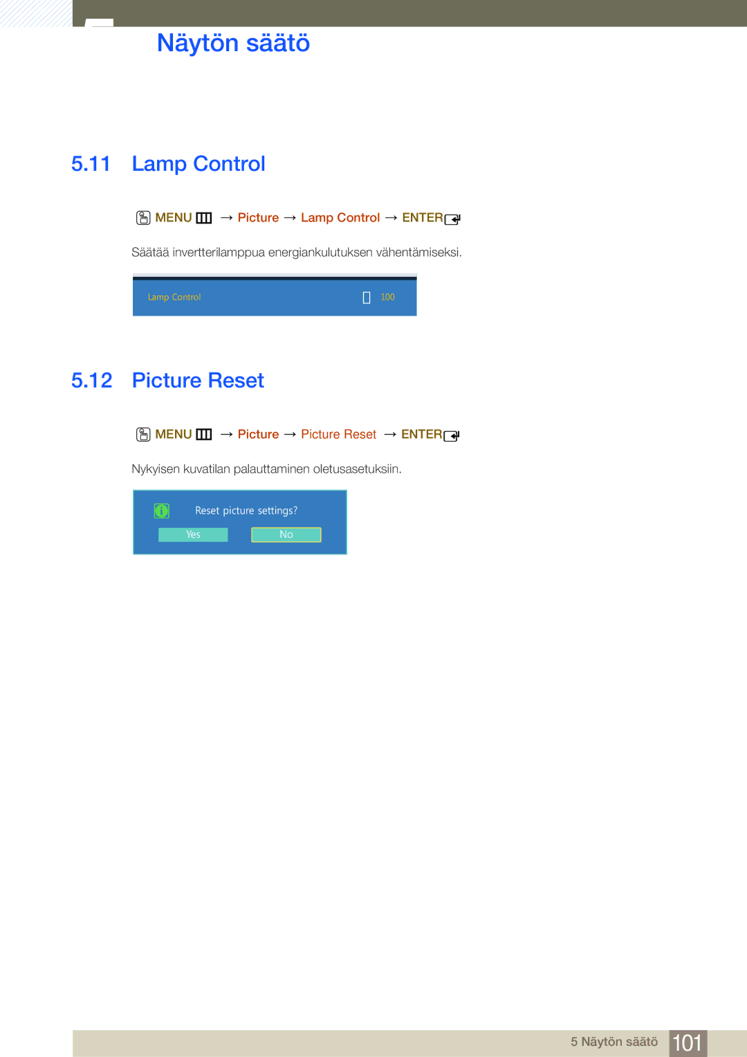 Samsung LH22UDBPLBB/EN manual Menu m Picture Lamp Control Enter, Menu m Picture Picture Reset Enter 