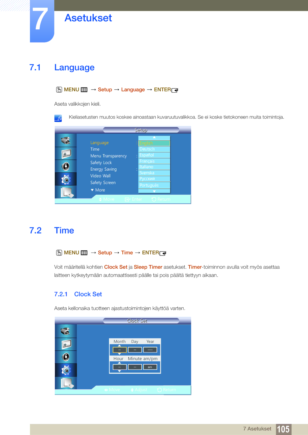 Samsung LH22UDBPLBB/EN manual Clock Set, Menu m Setup Language Enter, Menu m Setup Time Enter 