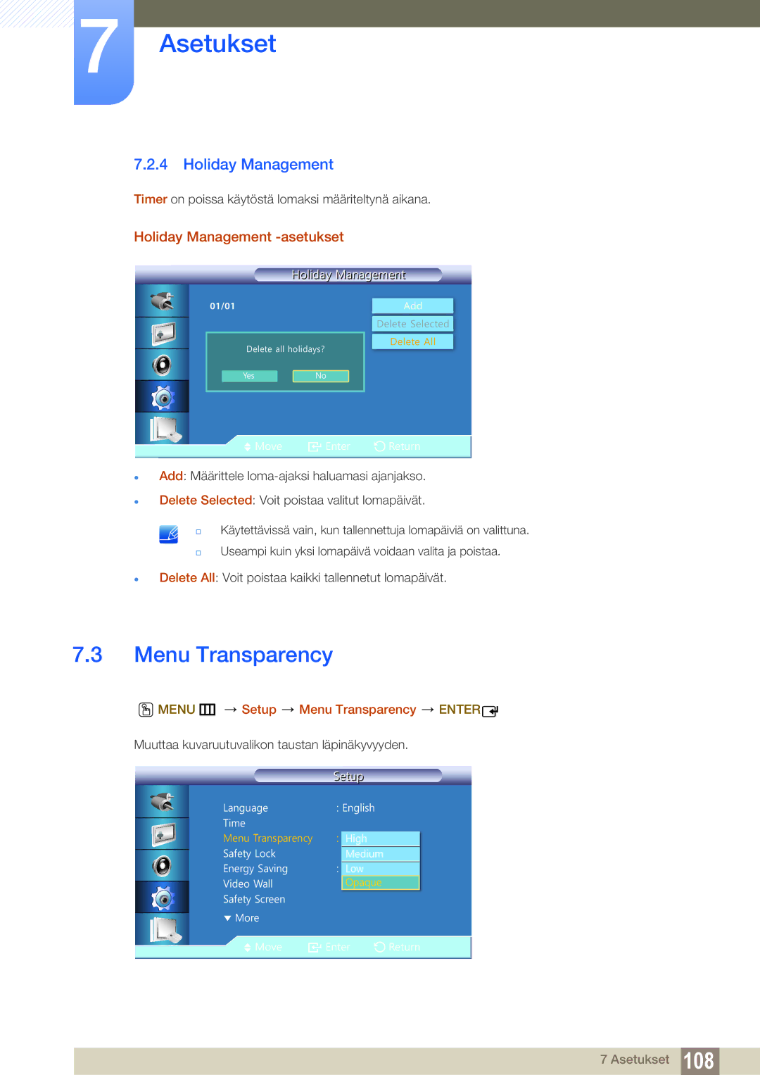 Samsung LH22UDBPLBB/EN manual Holiday Management -asetukset, Menu m Setup Menu Transparency Enter 