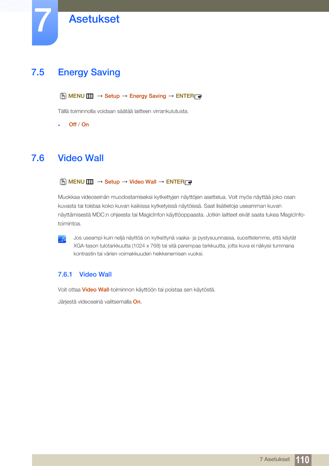 Samsung LH22UDBPLBB/EN manual Menu m Setup Energy Saving Enter, Menu m Setup Video Wall Enter 