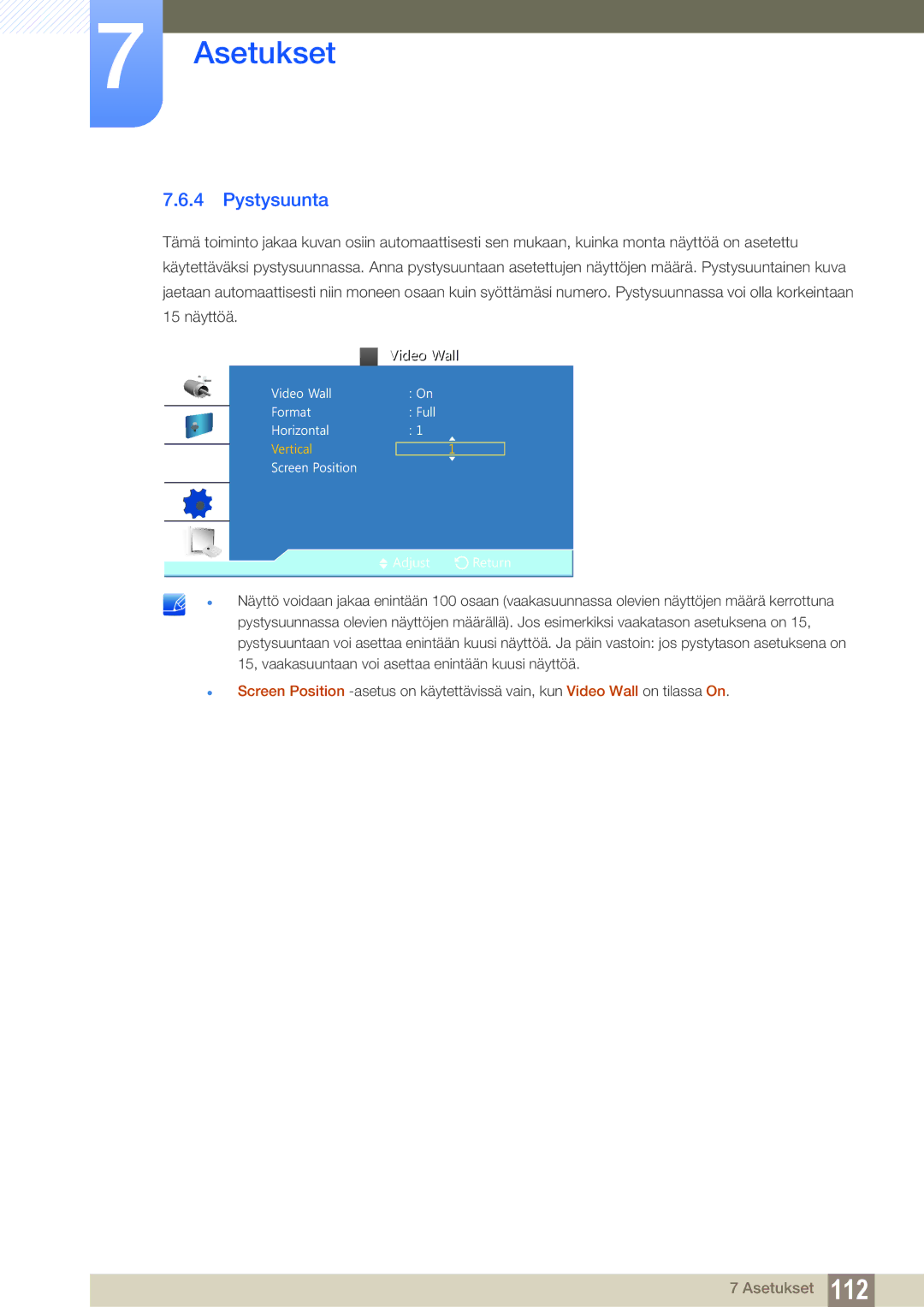 Samsung LH22UDBPLBB/EN manual Pystysuunta 