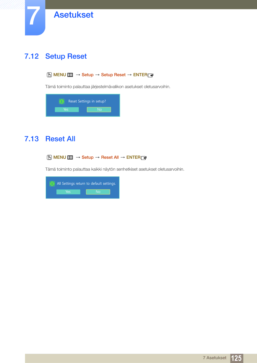 Samsung LH22UDBPLBB/EN manual Menu m Setup Setup Reset Enter, Menu m Setup Reset All Enter 