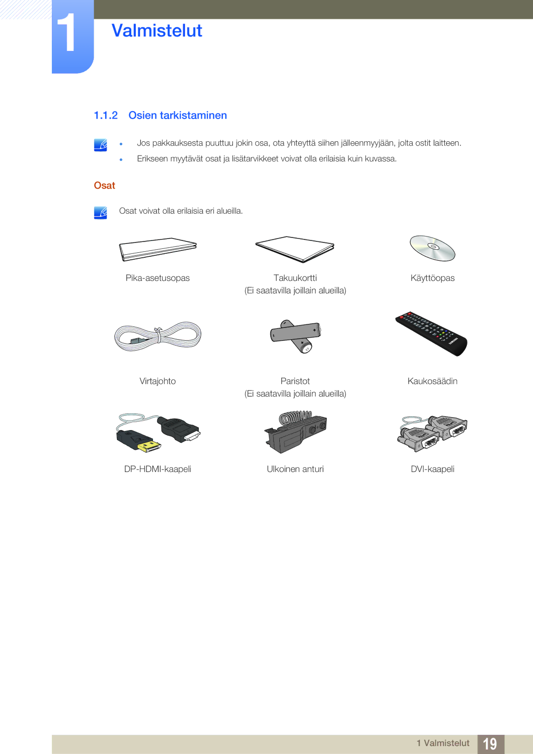 Samsung LH22UDBPLBB/EN manual Osien tarkistaminen, Osat 