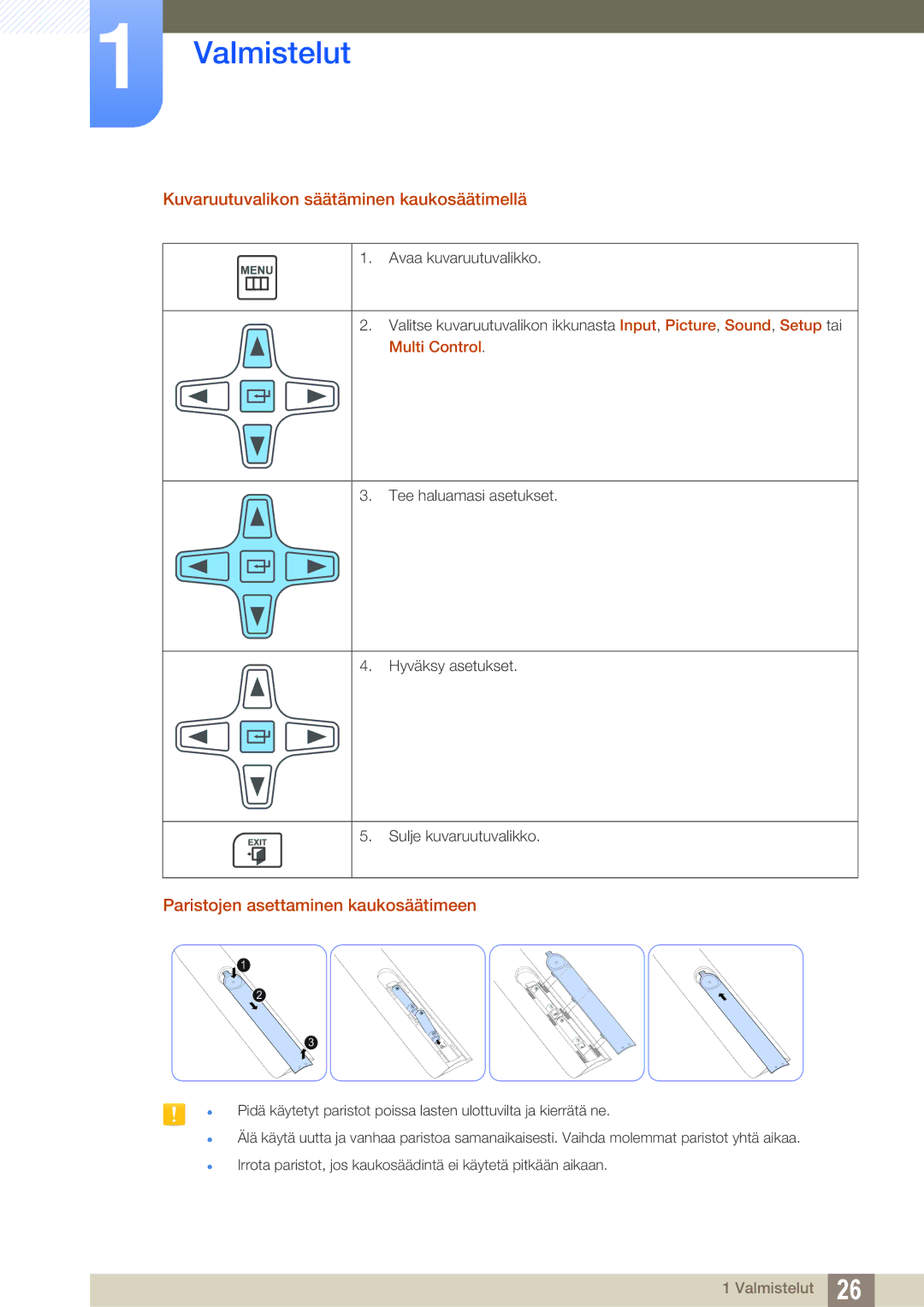 Samsung LH22UDBPLBB/EN Kuvaruutuvalikon säätäminen kaukosäätimellä, Paristojen asettaminen kaukosäätimeen, Multi Control 